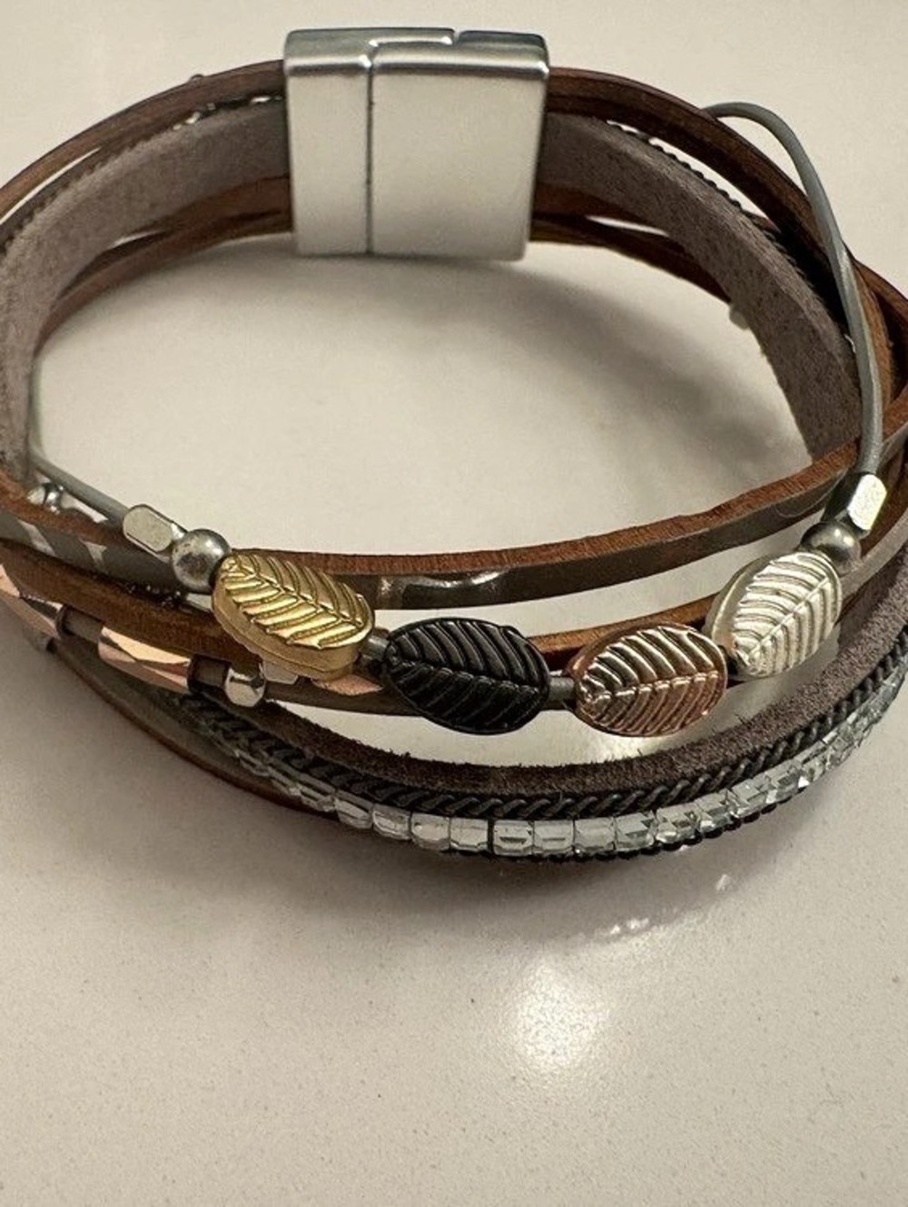 Layered Multi-strand Bracelet Stack in Brown & Silver Like New